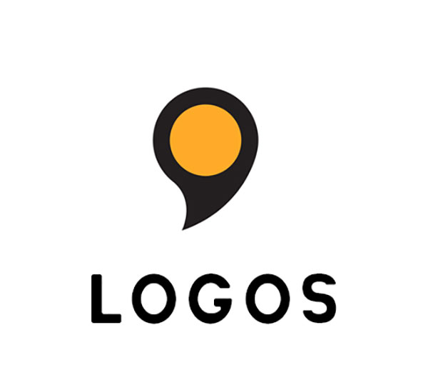 A yellow and black comma with "Logos" in a sans serif typeface below