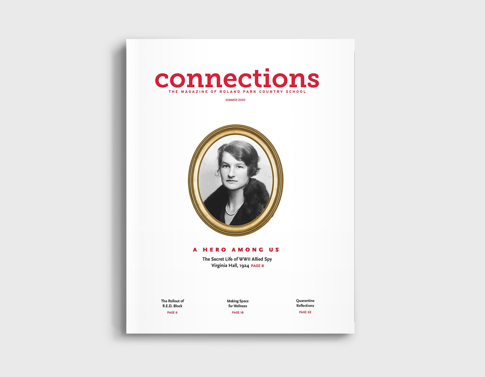 Cover of Connections Alumni Magazine featuring an old-timey portrait of a white woman with short brown hair