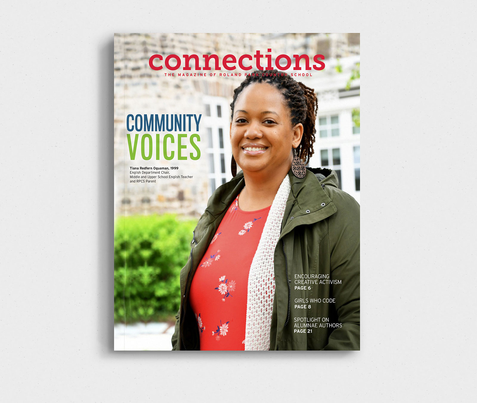 Cover of Connections Alumni Magazine featuring a smiling middle-aged black woman standing outside wearing an olive green jacket and a pink blouse