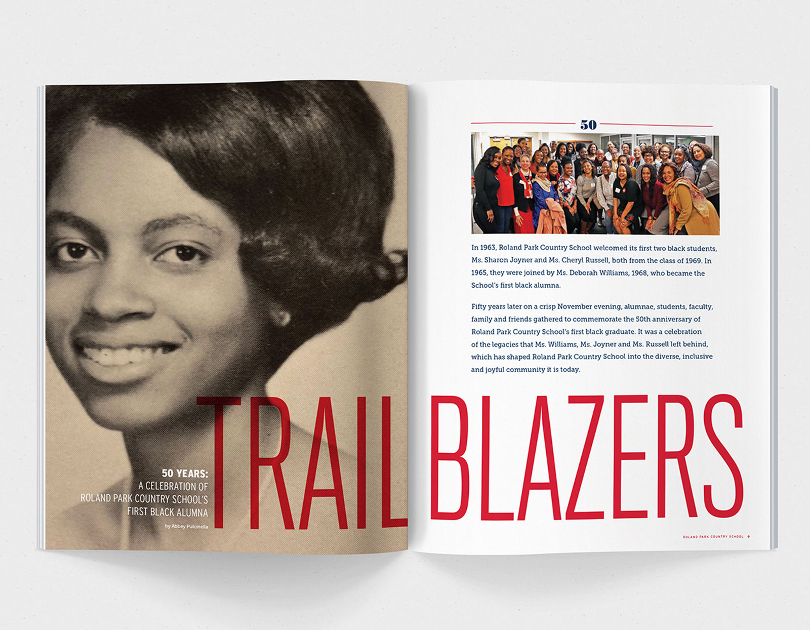 A magazine spread featuring a black and white image of a smiling young black woman and text that reads 'trail blazers'