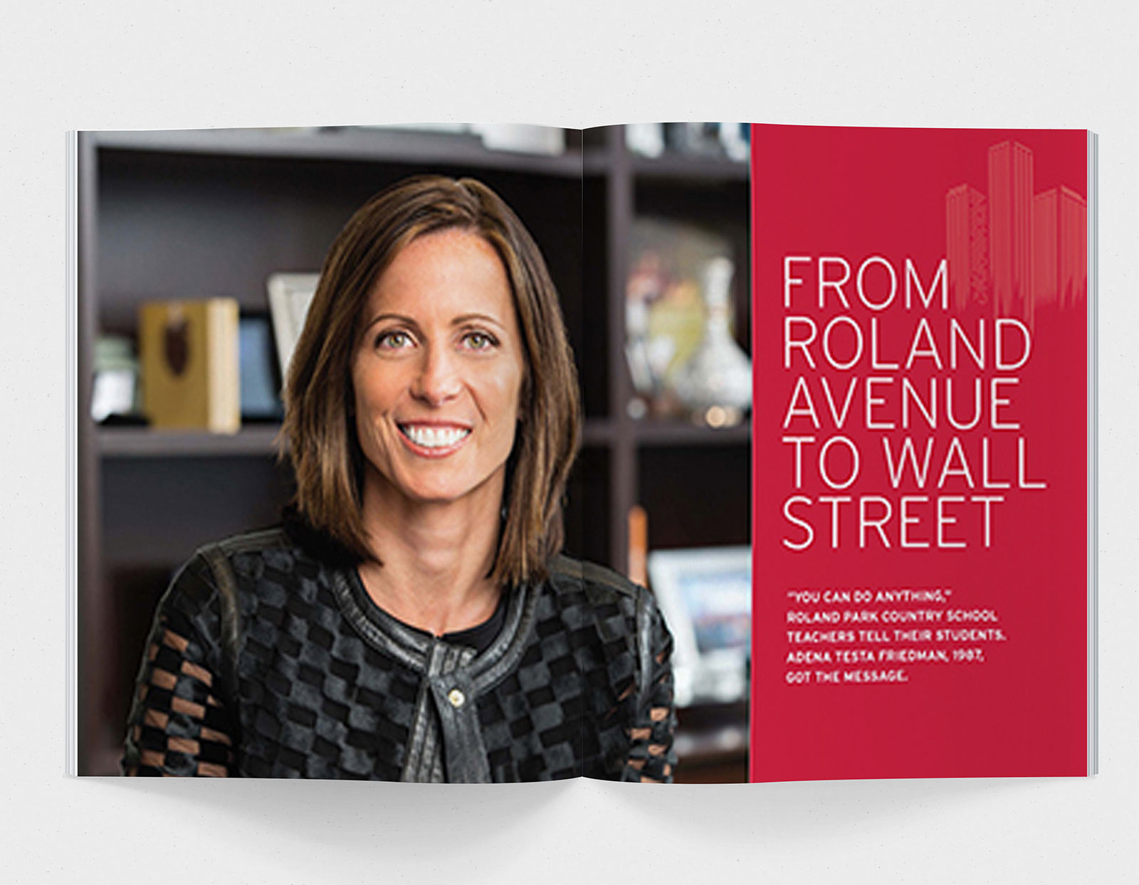 A magazine spread featuring a smiling middle aged white woman and text that reads 'From Roland Avenue to Wall Street'