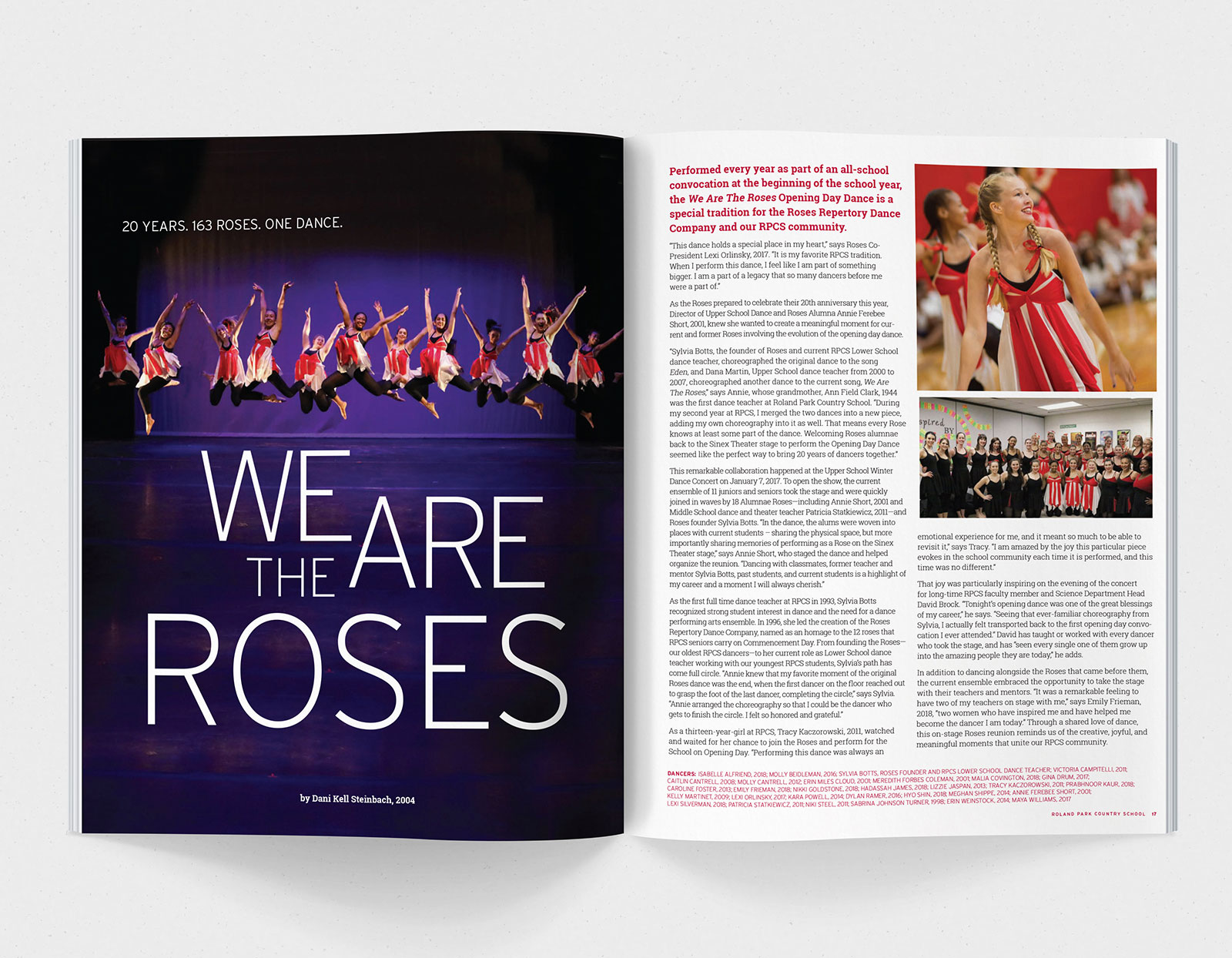 A magazine spread featuring pictures of leaping dancers and cheerleaders and text that reads 'We are the Roses'