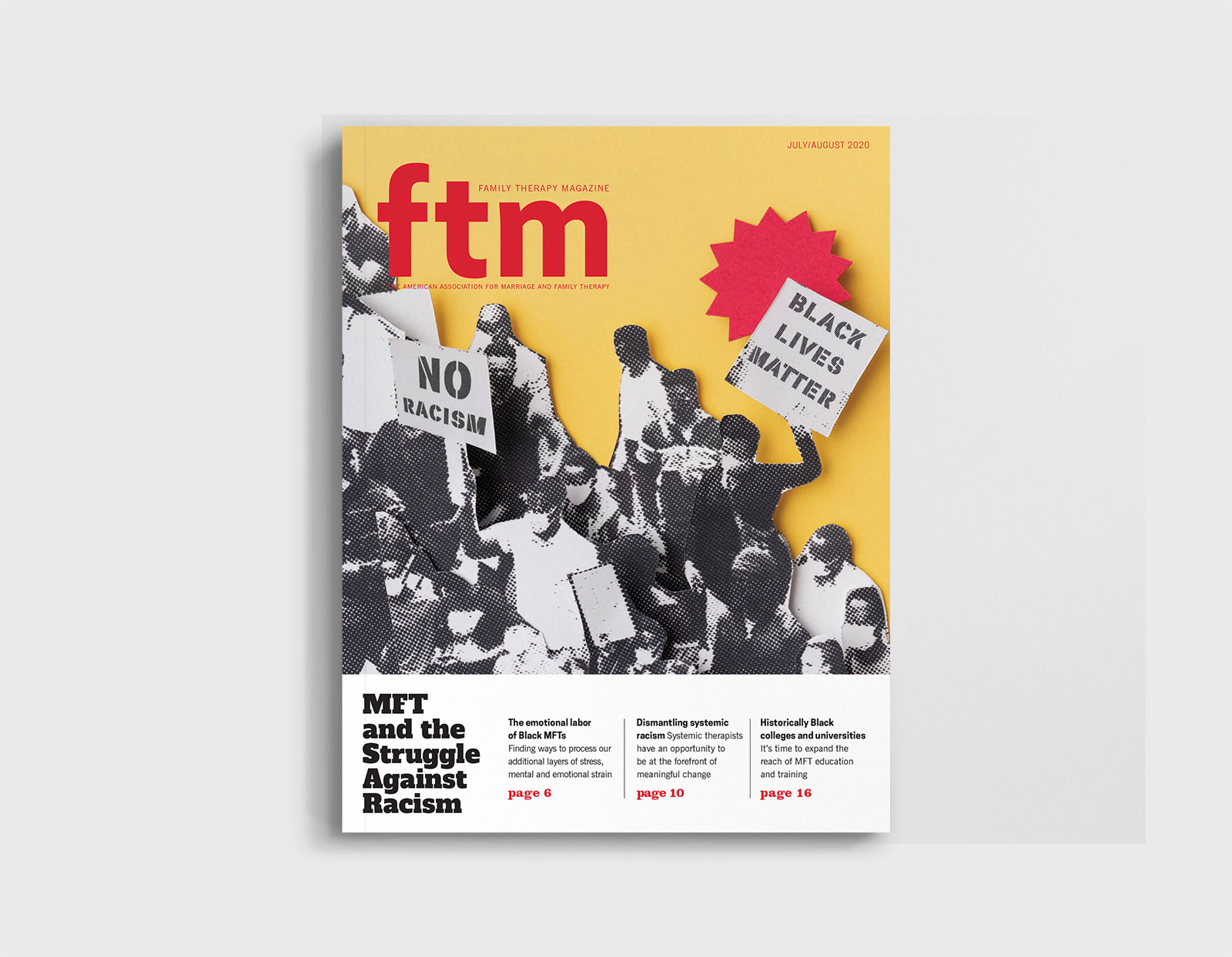 A cover of Family Therapy Magazine featuring a black and white cut-out photograph of a large group of black protesters with signs that read 'Black Lives Matter' and 'No Racism' on a yellow background