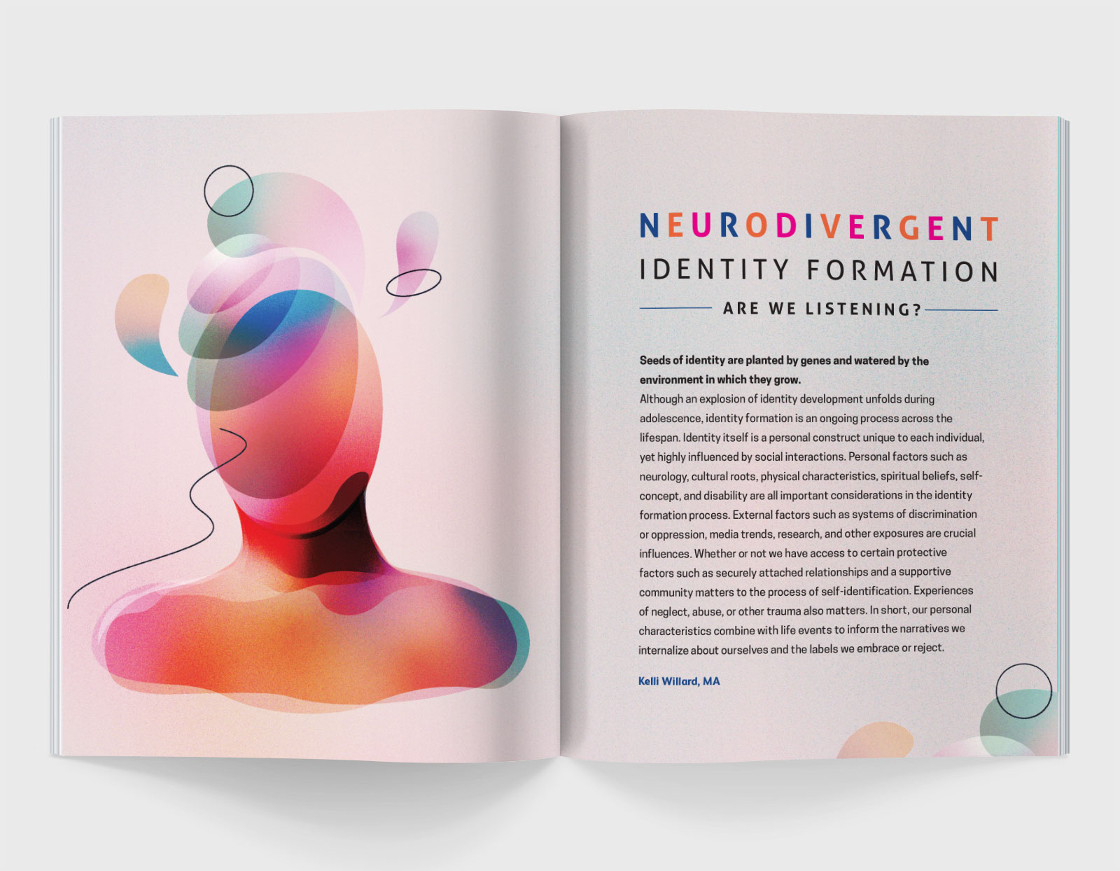 A spread of Family Therapy Magazine featuring an illustration of a layered human torso and head and text that reads 'Neurodivergent identity formation'