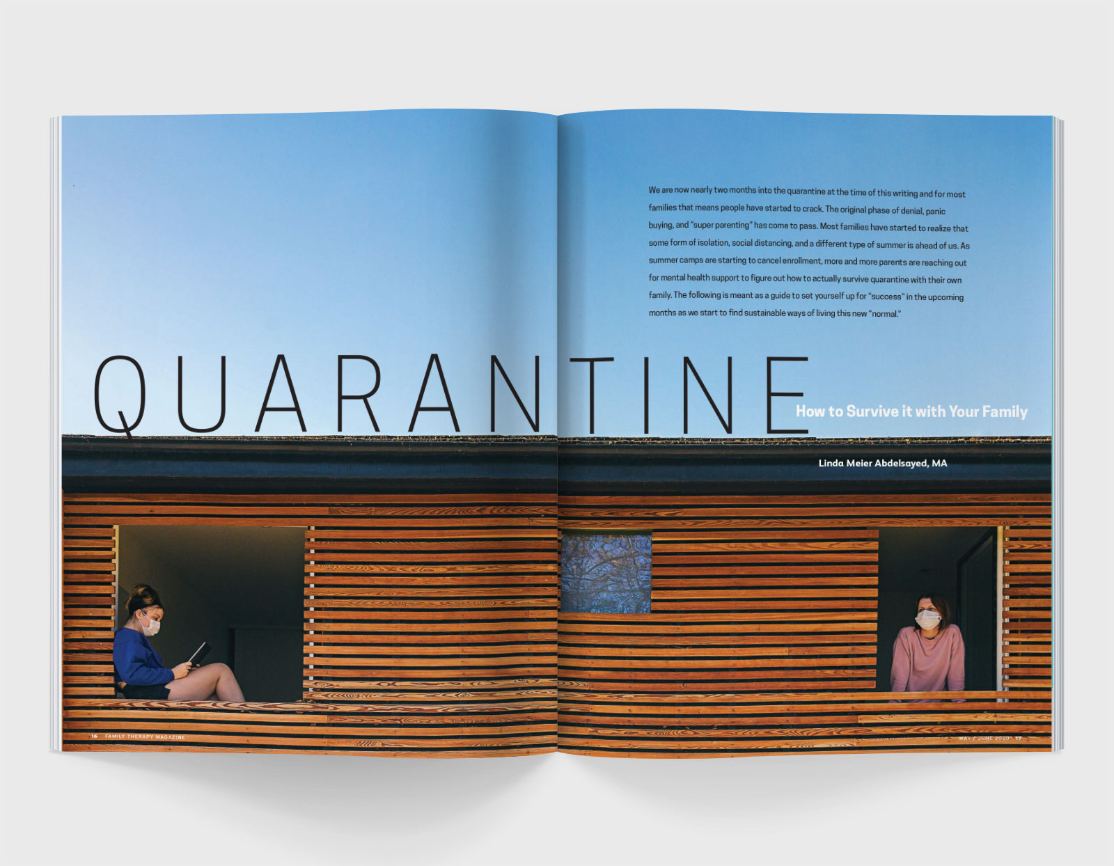 A spread of Family Therapy Magazine featuring a girl and a woman seen through windows on opposite ends of a wooden cabin each wearing medical masks and text that reads 'Quarantine'