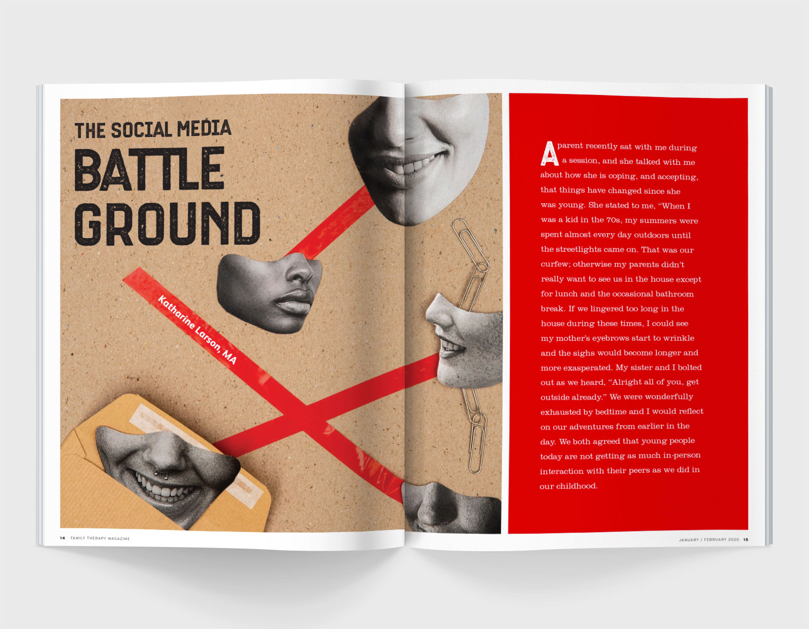 A spread of Family Therapy Magazine featuring cut-out photos of human faces and text that reads 'The Social Media Battleground'