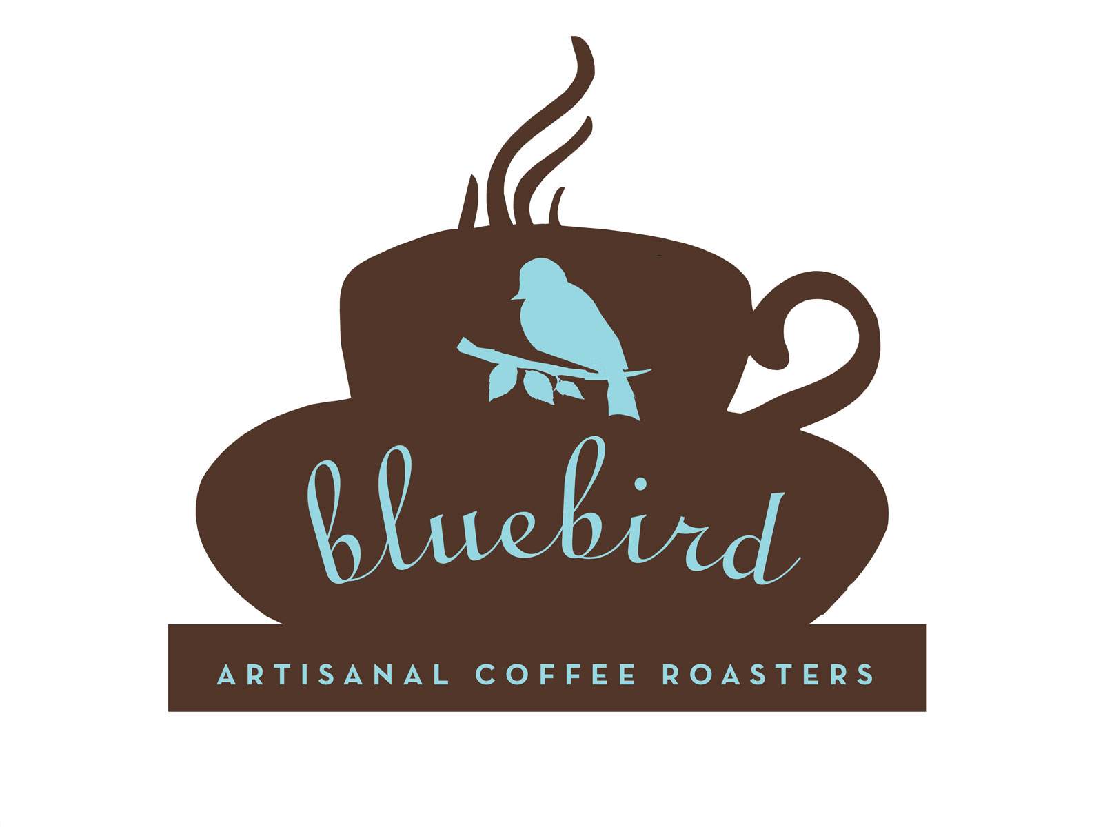 Bluebird Artisinal Coffee Roasters logo featuring light blue script and sans-serif text and an illustration of a bird sitting on a branch imprinted on an illustrated coffee cup