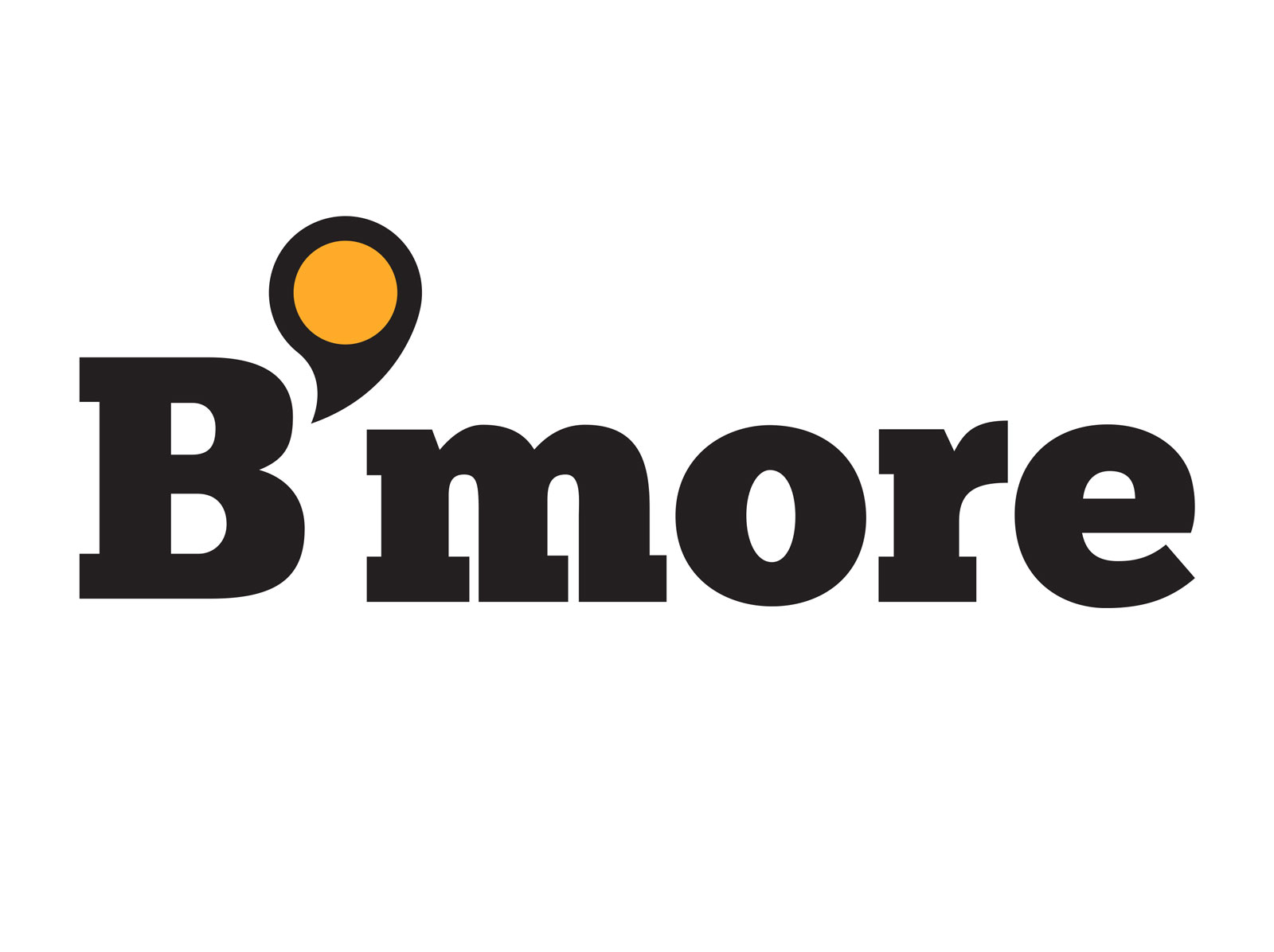 Bmore logo featuring slab serif text and a yellow dot inside of the apostrophe