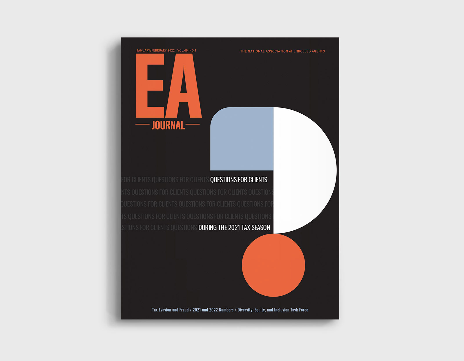 cover of the EA Journal magazine featuring a blue, white, and orange question mark created with geometric shapes on a black background