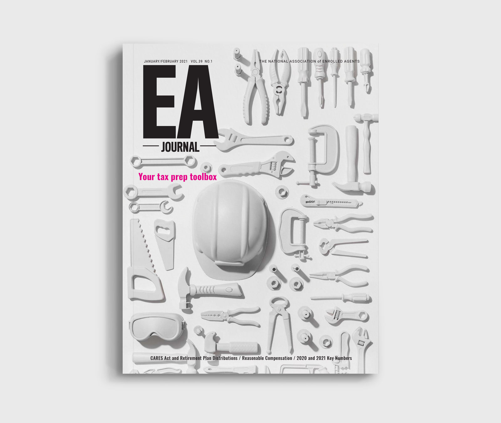 cover of the EA Journal magazine featuring a set of stark white toy tools with text that reads 'Your tax prep toolbox' on a white background