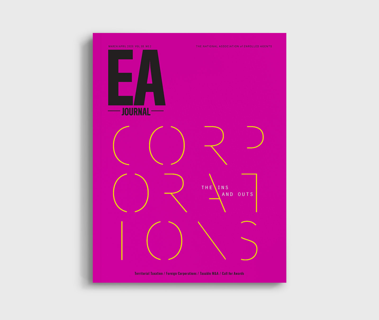 cover of the EA Journal magazine featuring stylized yellow and white text that reads 'Corporations, The ins and outs' on a magenta background