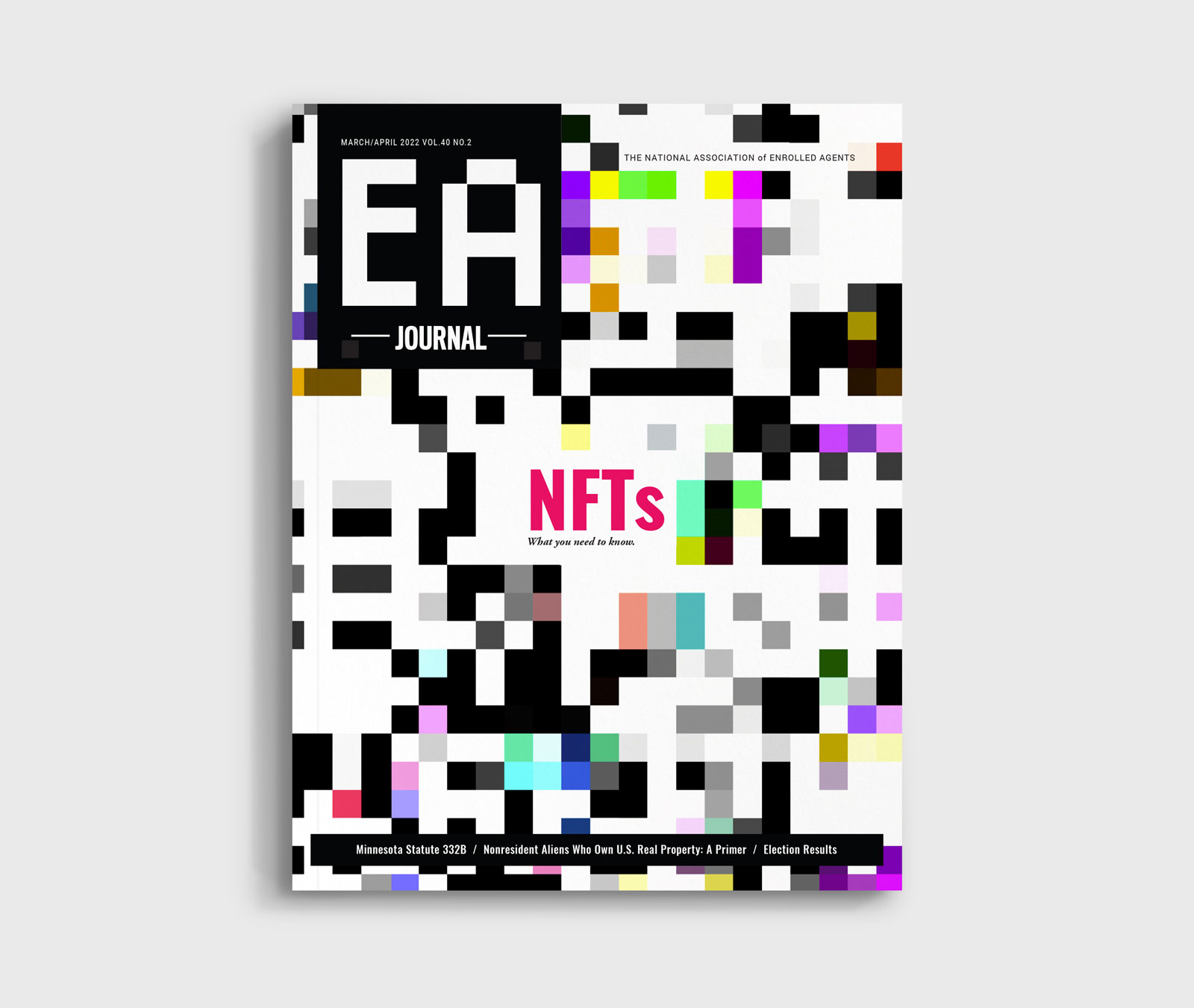 cover of the EA Journal magazine featuring text that reads 'NFTs, What you need to know' over a colorful highly pixelated background