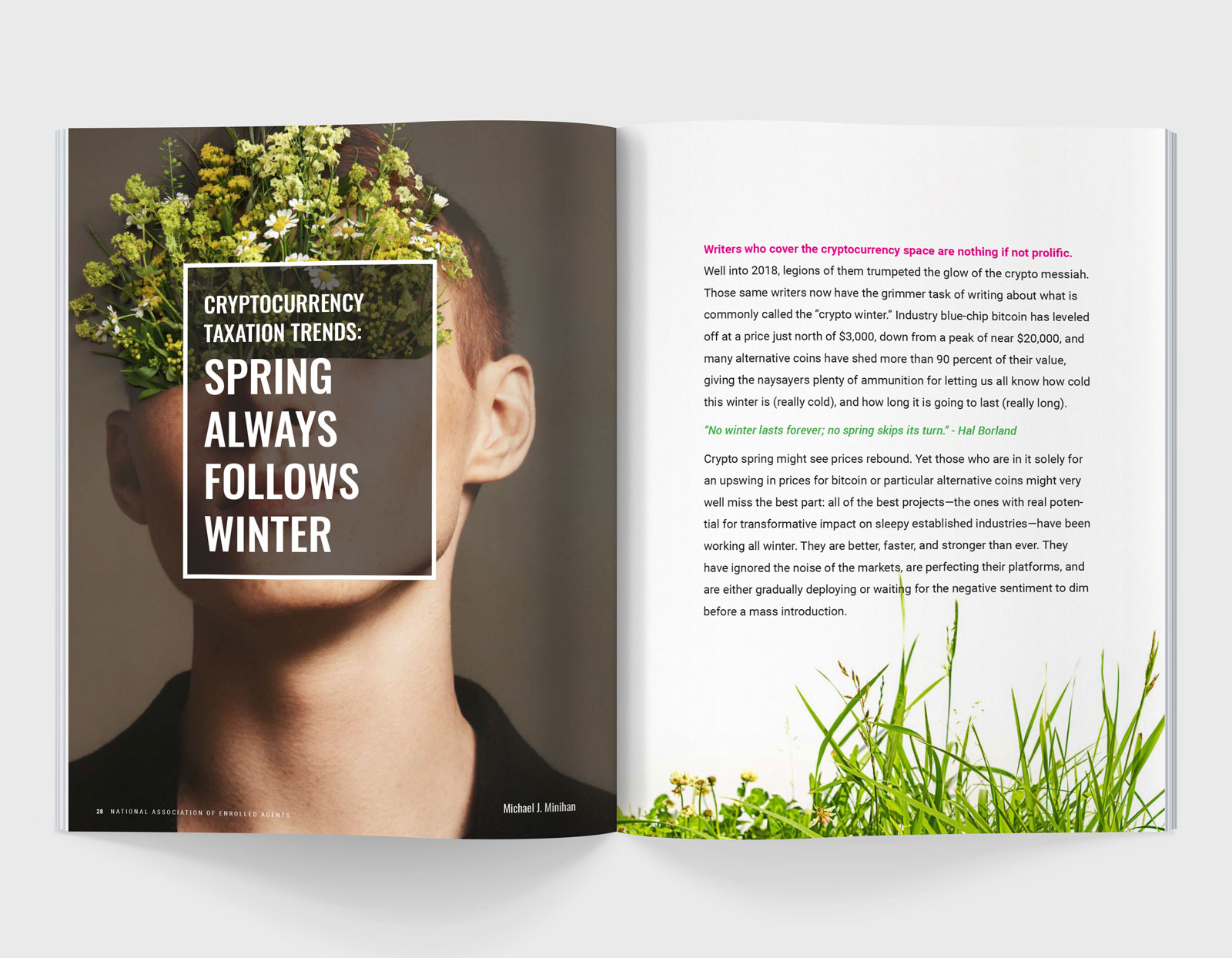 A magazine spread featuring a young white man with flowers covering his face with text over top that reads 'Cryptocurrency taxation trends: Spring always follows winter'