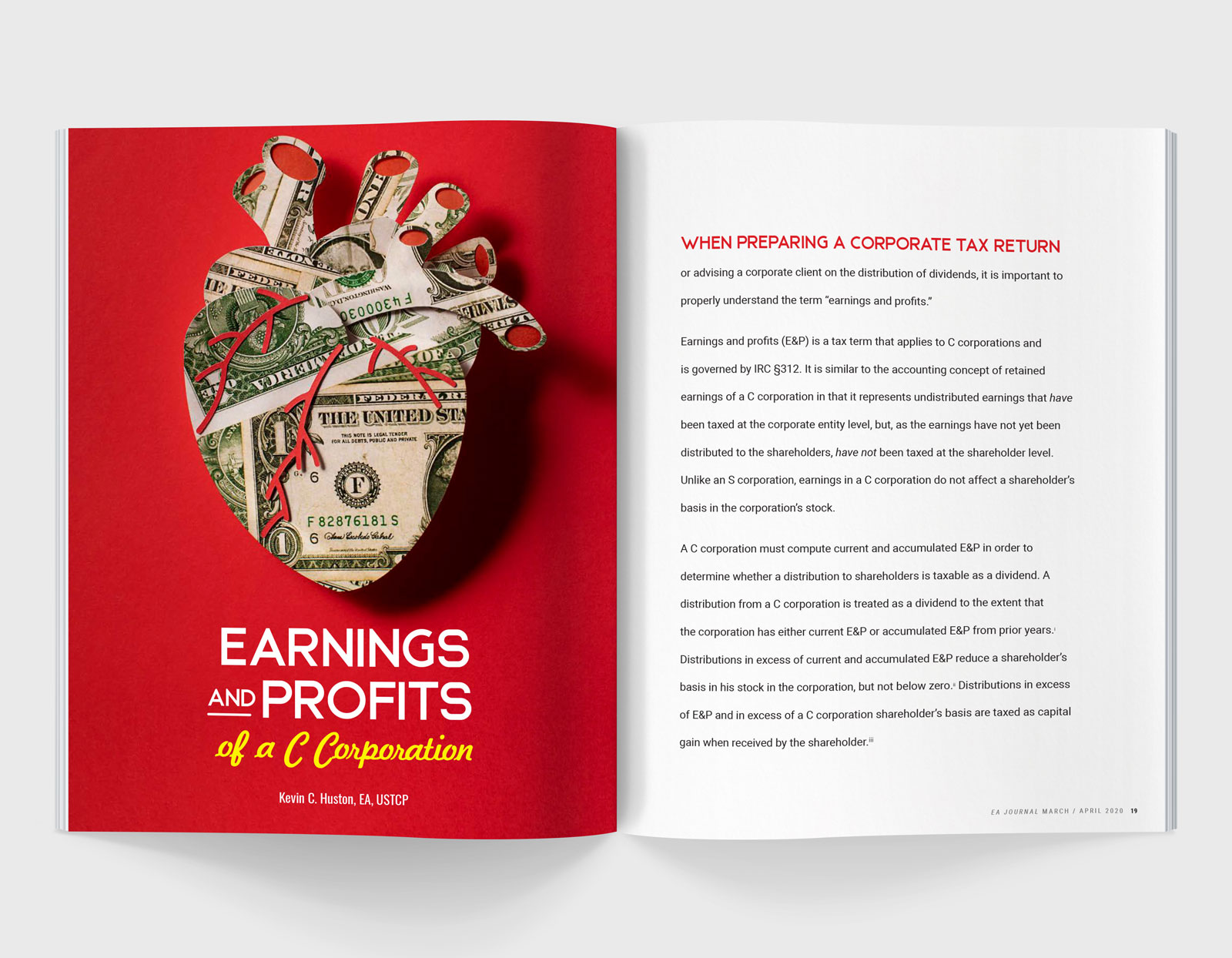 A magazine spread featuring an anatomical heart made up of dollar bills with text that reads 'Earnings and profits of a C corporation' on a red background