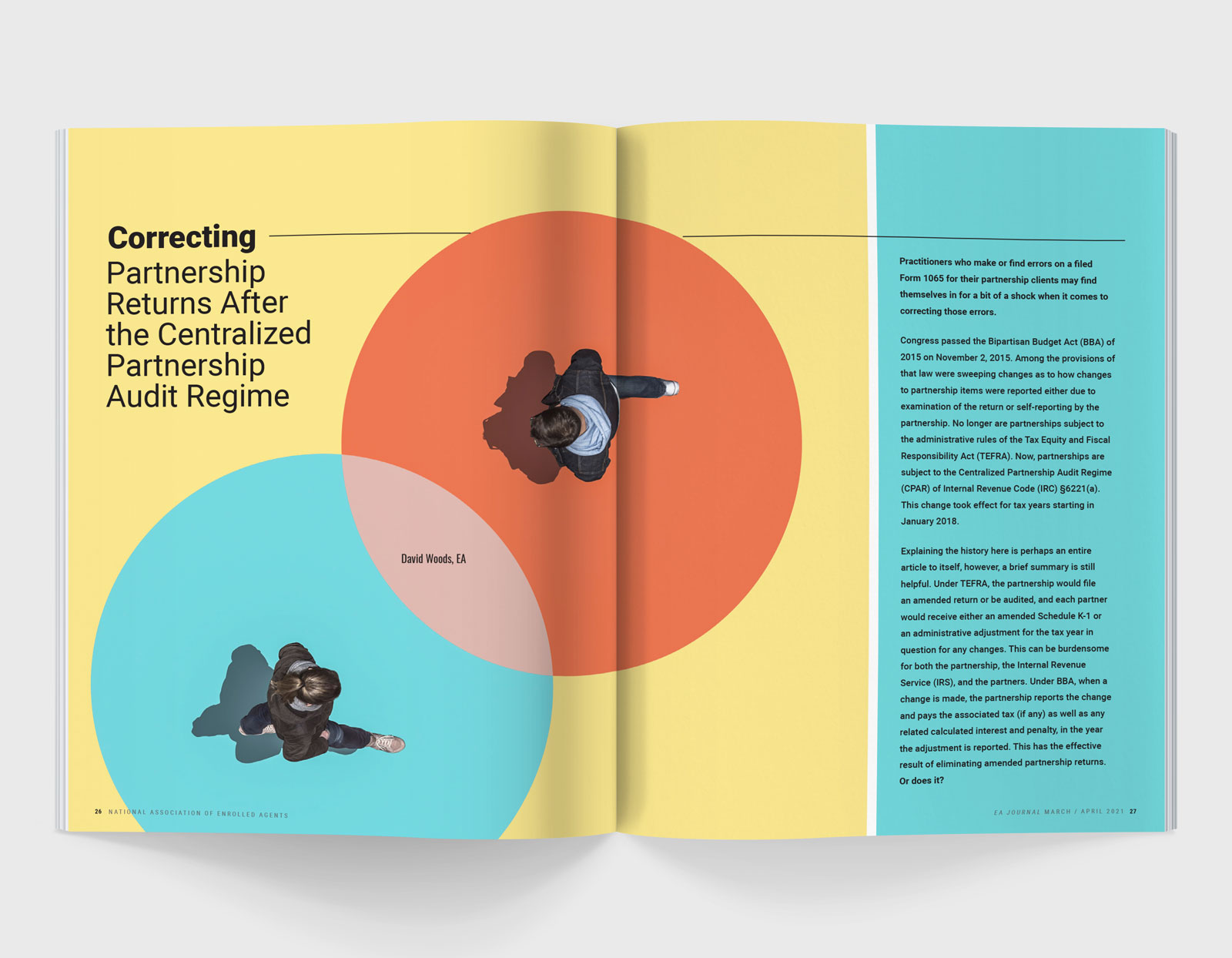 A magazine spread featuring overhead illustrations of two people walking toward each other and text that reads 'Partnership returns after the centralized partnership audit regime' on a yellow background