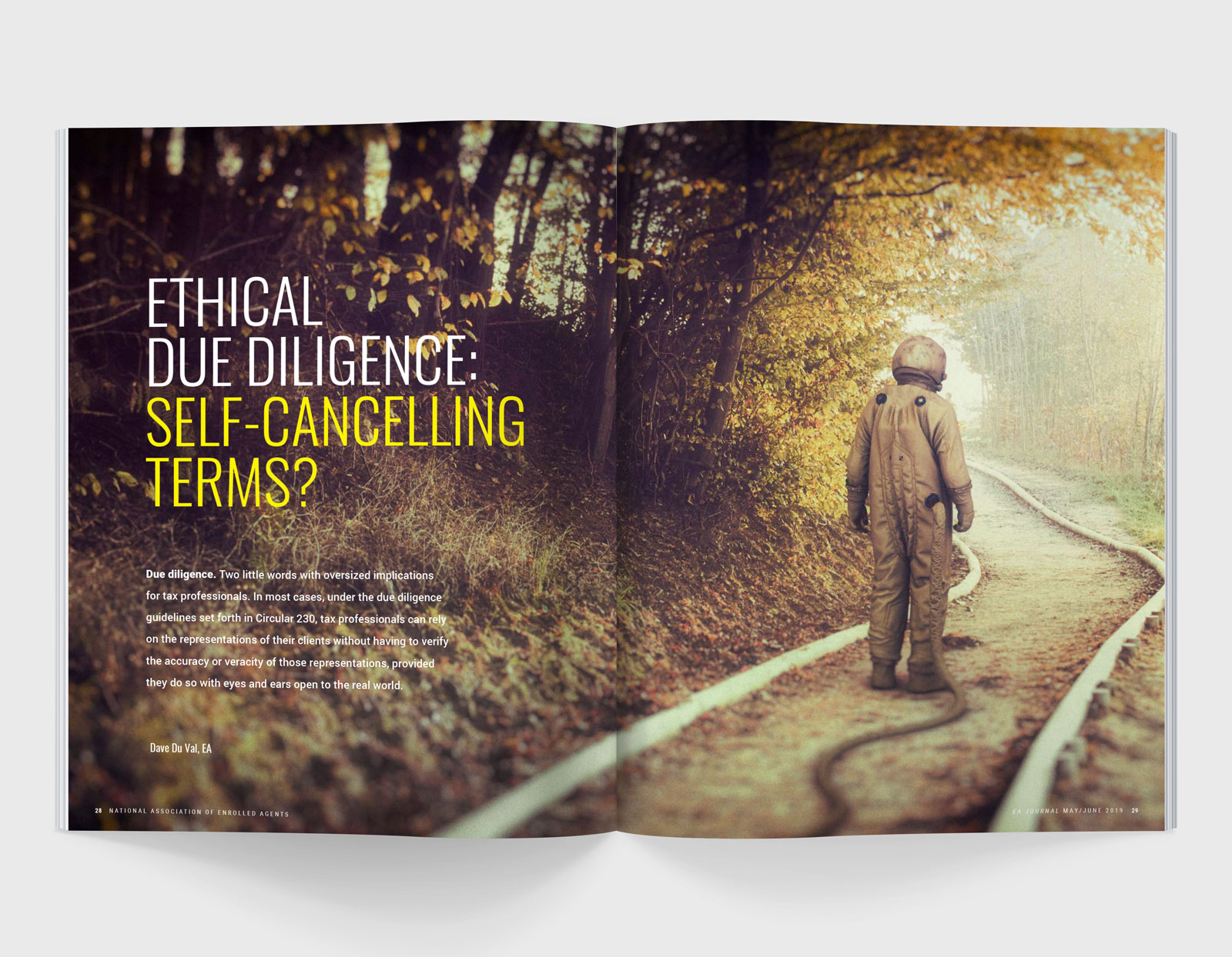 A magazine spread featuring a man on a forest trail wearing a spacesuit and text that reads 'Ethical due diligence: self-cancelling terms?'