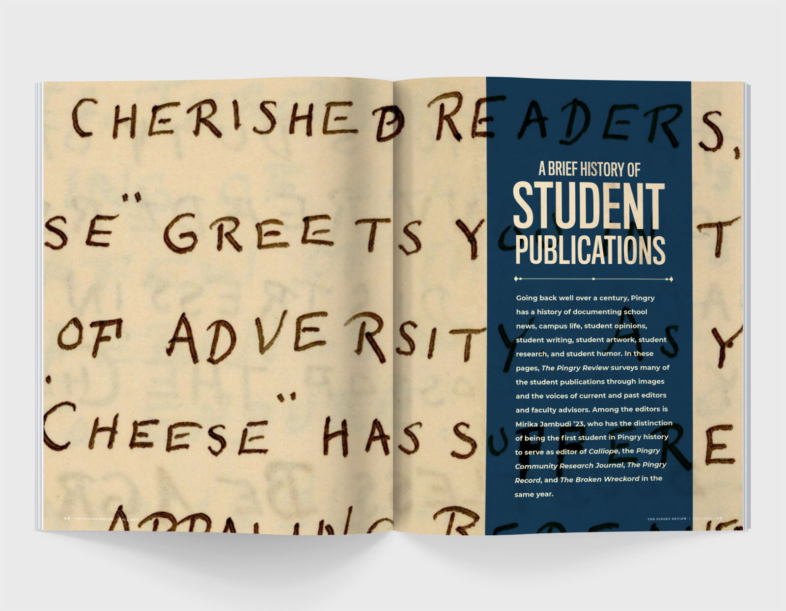 A spread from The Pingry Review featuring a close-cropped image of hand-written text and printed text that reads 'A Brief History of Student Publications'