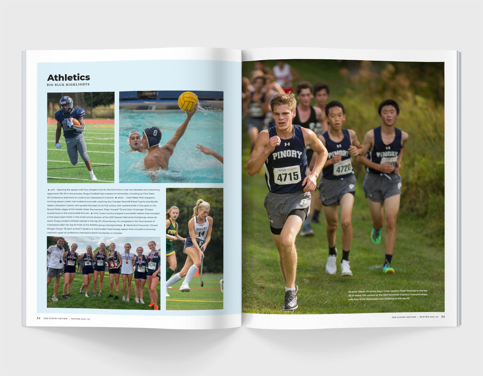 A spread from The Pingry Review featuring images of various student athletes in action