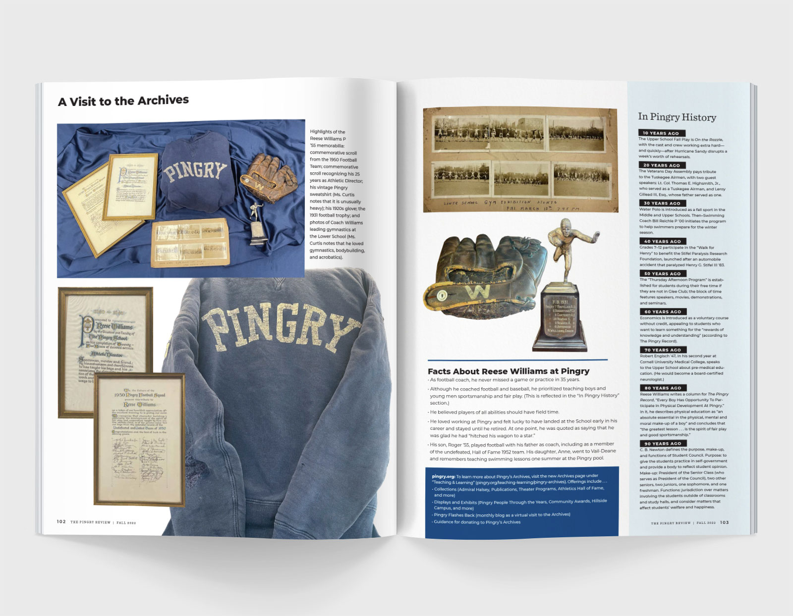 A spread from The Pingry Review featuring various Pingry apparel and sports memorabilia from over the years