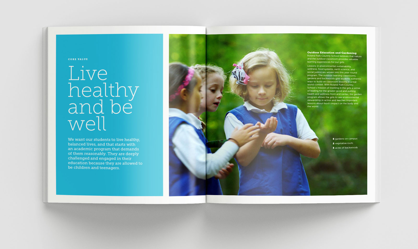 A spread from a Roland Park Country School report book featuring three young white girls inspecting something in one of their hands with text that reads 'Live healthy and be well'