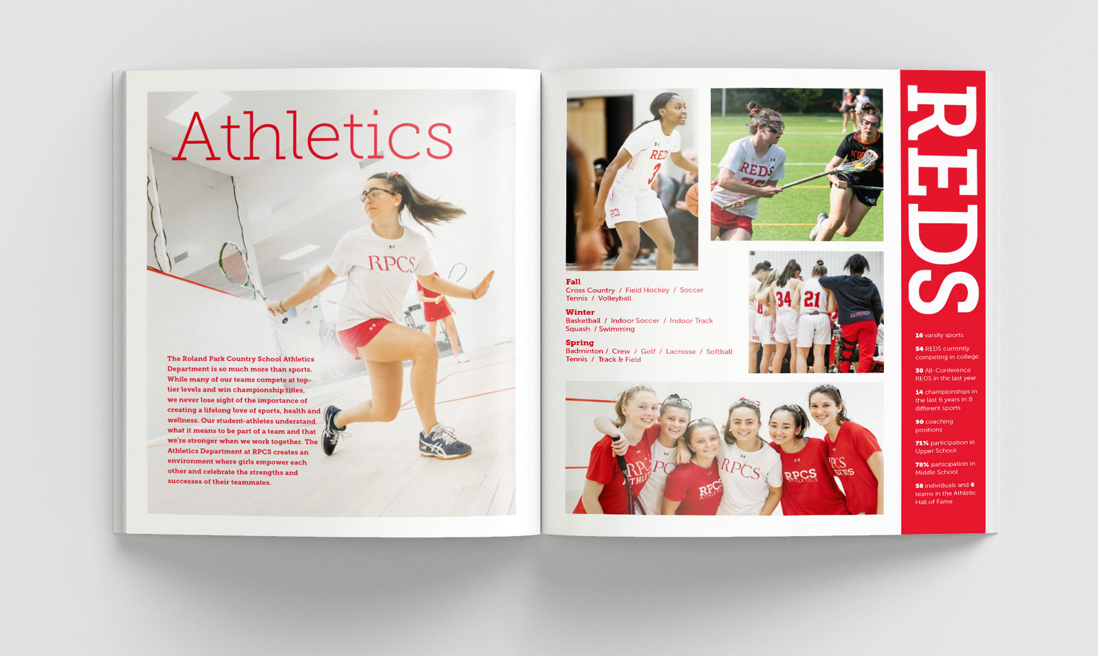 A spread from a Roland Park Country School report book featuring various action shots of school athletes