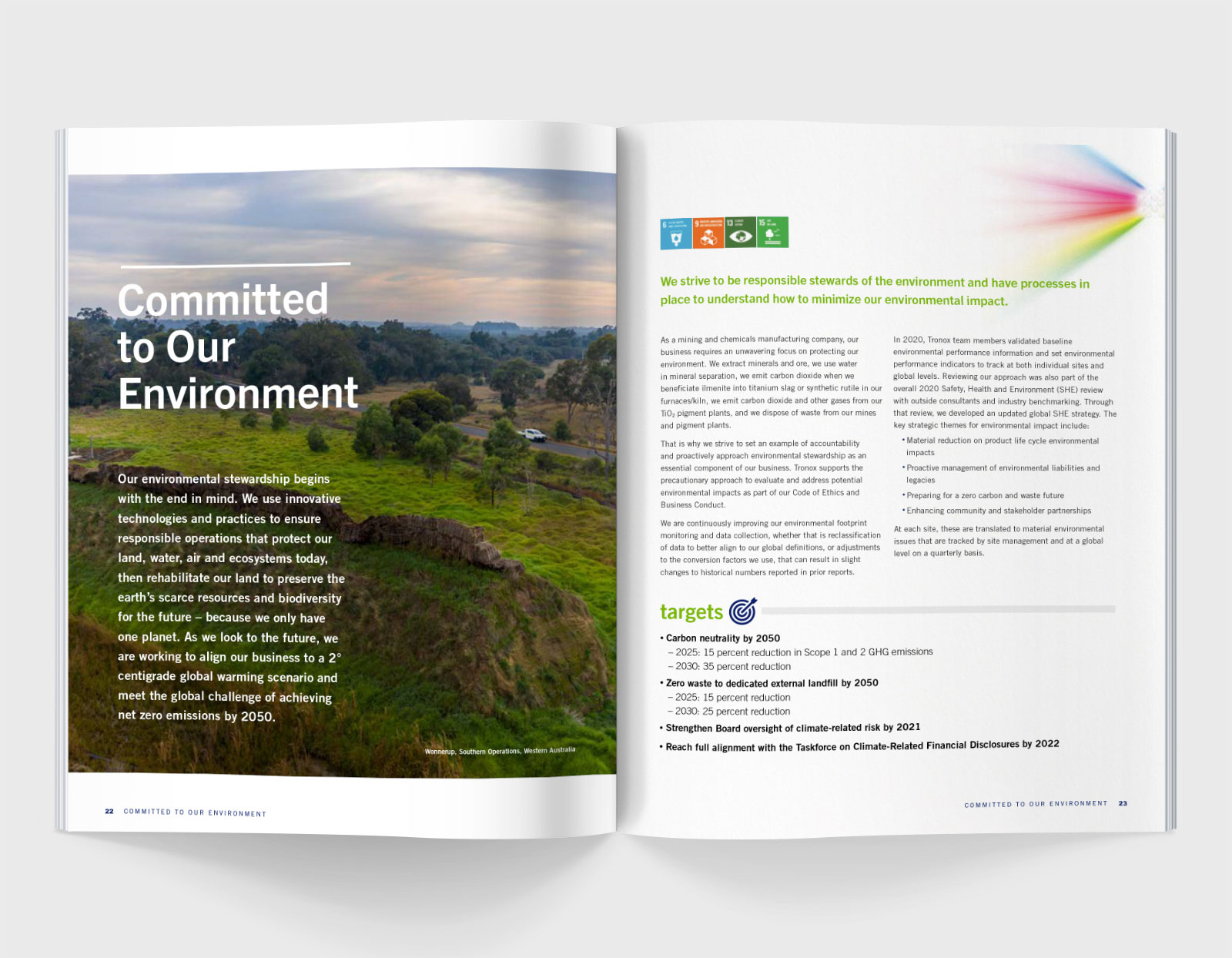 A spread from the Tronox 2020 Sustainability Report featuring an image of a lush green landscape and text that reads 'Committed to Our Environment'