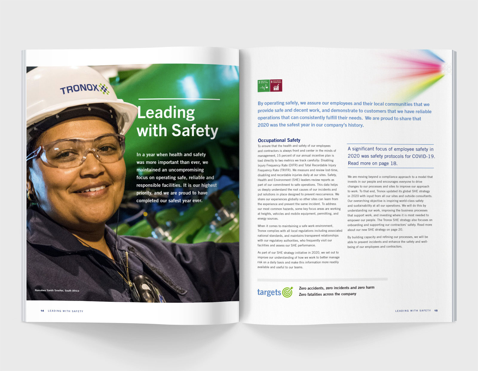 A spread from the Tronox 2020 Sustainability Report featuring a smiling middle aged black woman wearing a work helmet and safety goggles and text that reads 'Leading with Safety'