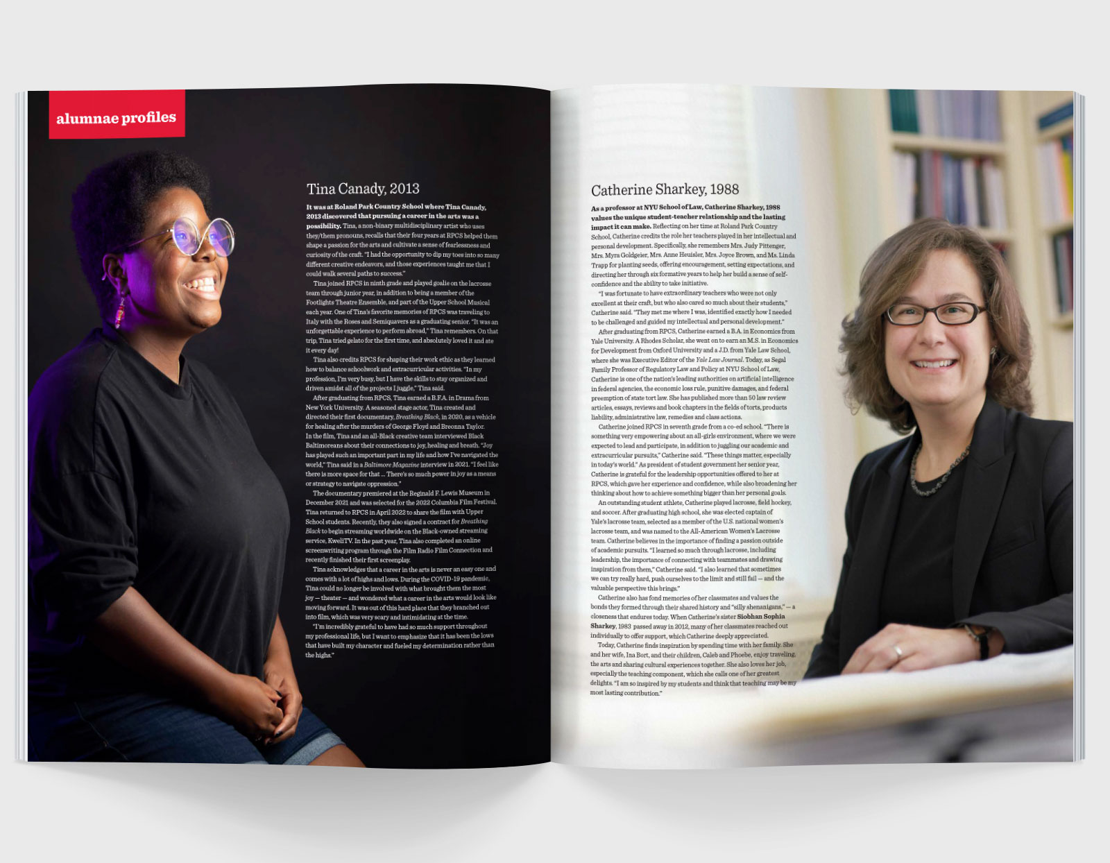 A magazine spread featuring a smiling middle-aged black woman on the left and a smiling middle-aged white woman on the right, both wearing black shirts.