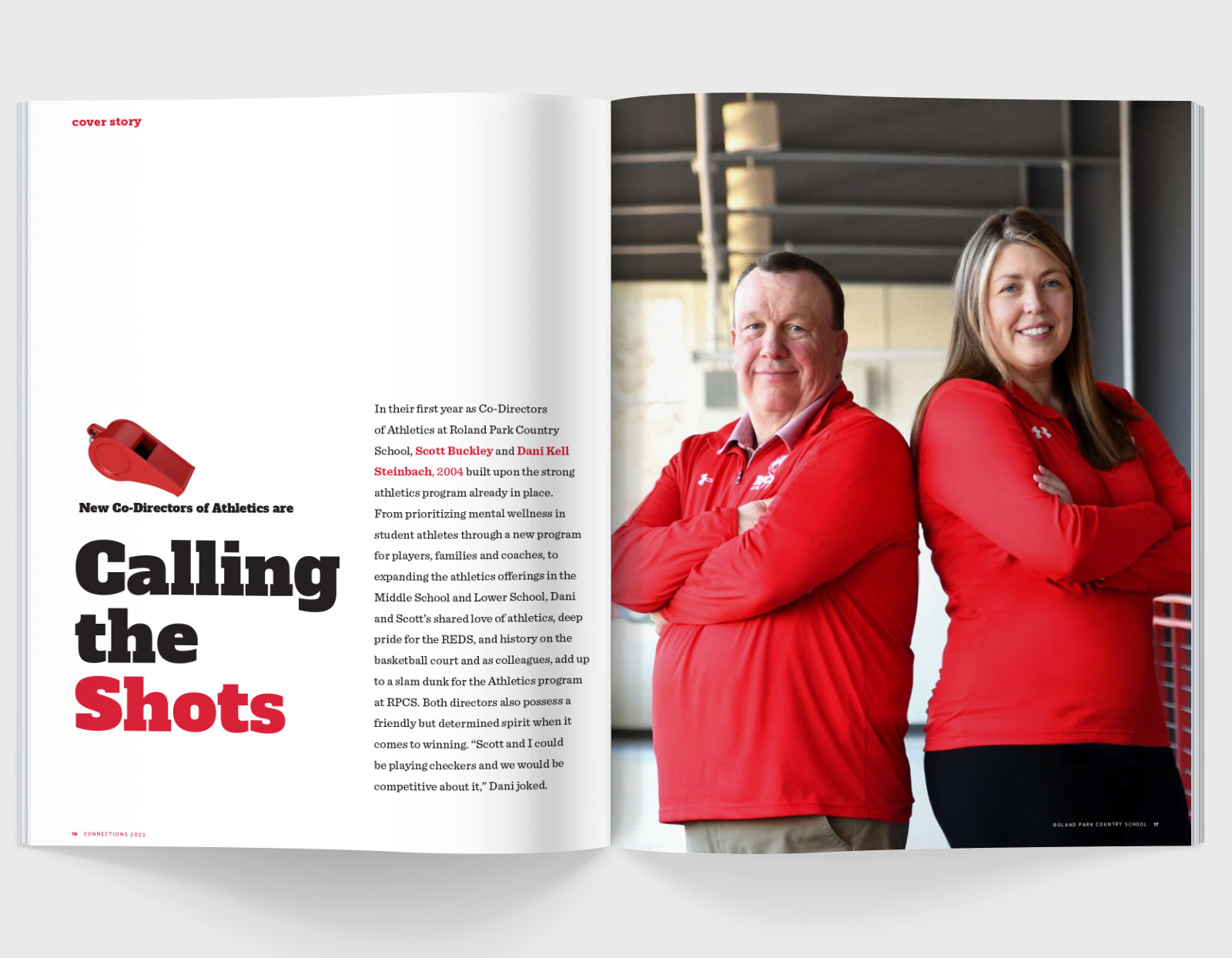 A magazine spread featuring a middle-aged man and woman wearing red Roland Park Country School athletic shirts with the text "Calling the Shots" on the left page.