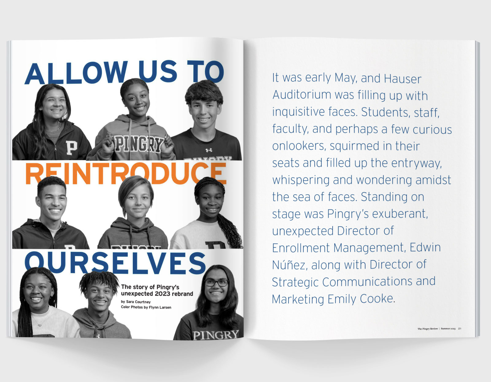 A magazine spread featuring three rows of three smiling teenages, all wearing Pingry sweatshirts and t-shirts.