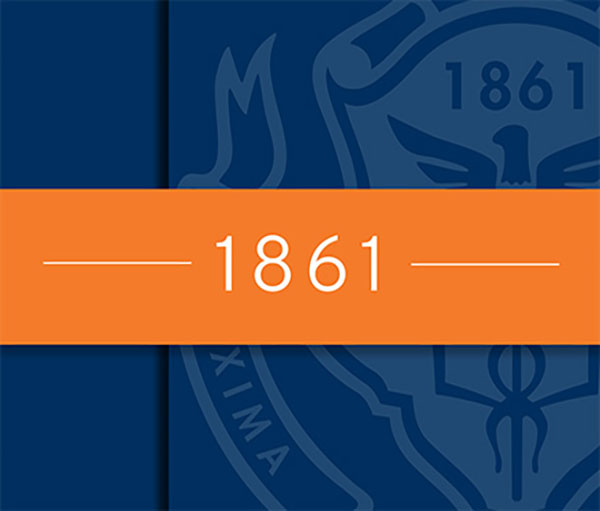 The shield of the Pingry School overlaid with an orange bar with the year "1861".