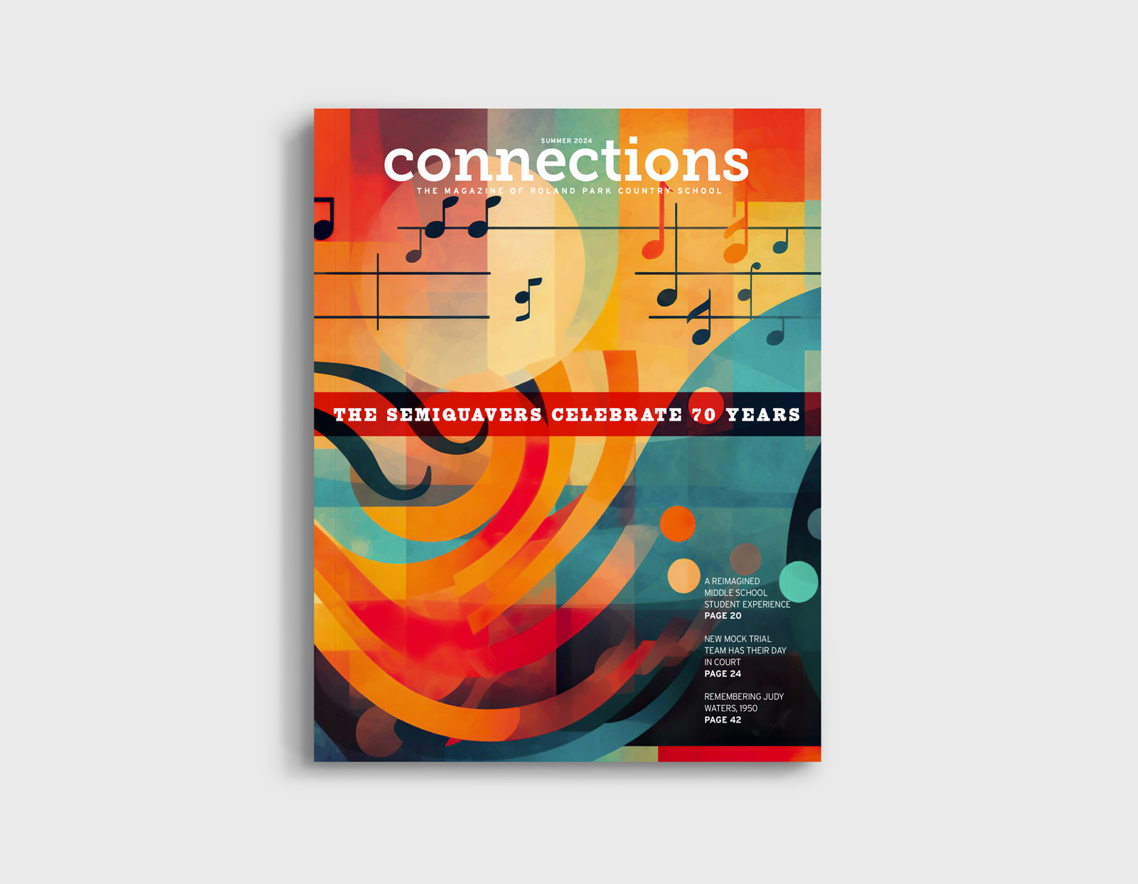 Cover of Connections Alumni Magazine featuring a colorful abstract digital art piece with elements of musical notes, sheet music, dots, and wispy, curvy lines