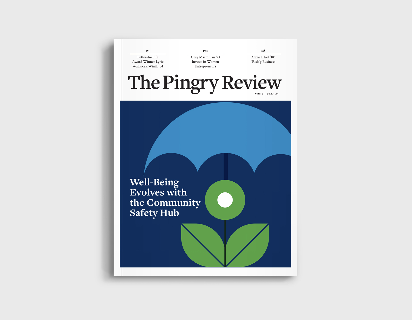 A cover of The Pingry Review featuring geometric shapes representing a blue umbrella and green flower.