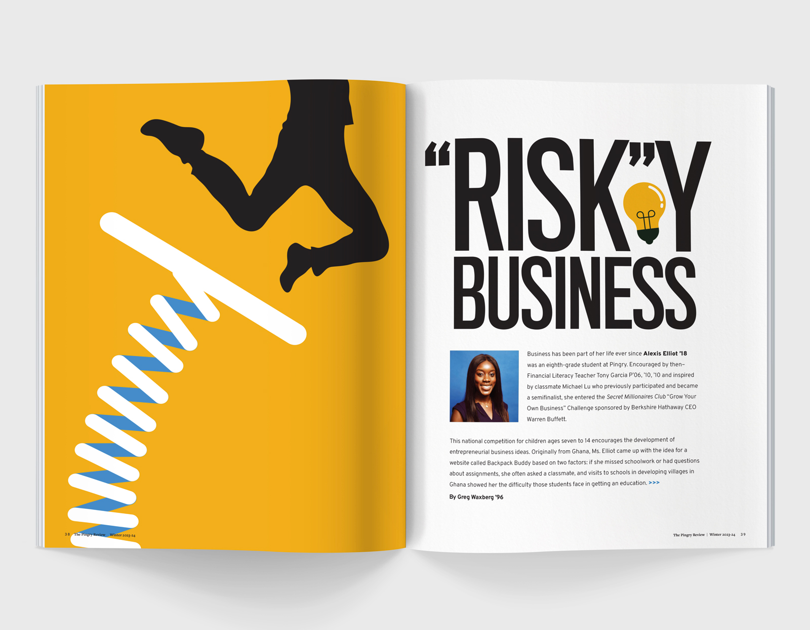 A spread from The Pingry Review featuring a high contrast image of a human jumping off of a giant spring, alongside the article title that reads "Risk"y Business