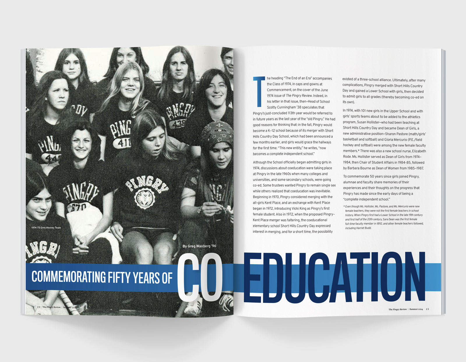 A spread from The Pingry Review featuring a dozen or so teenage boys and girls, some looking at the camera, and some looking at something else, all wearing Pingry sweatshirts.